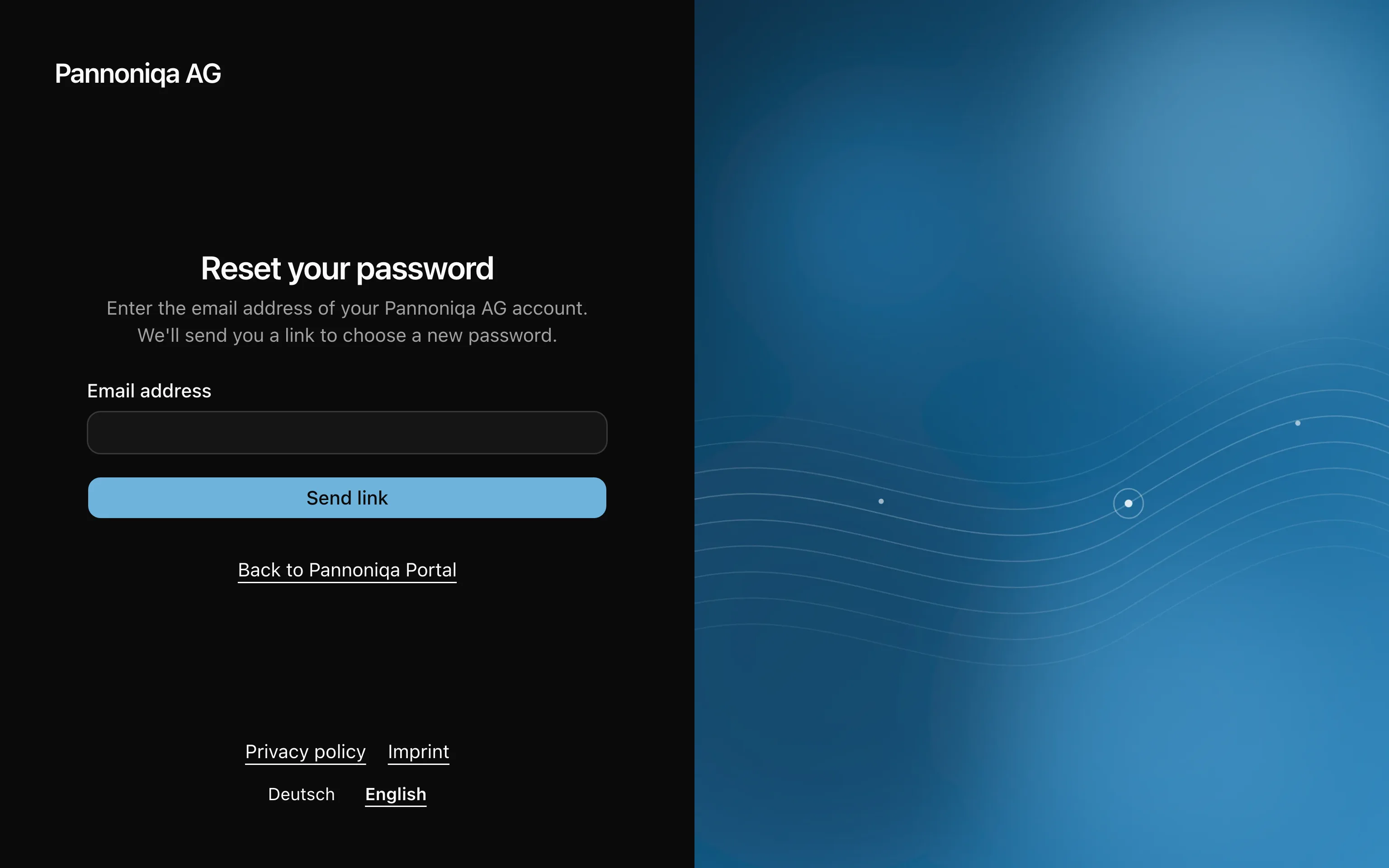 The password reset screen of the sign-in surface in the colours of Pannoniqa AG, beside its side image