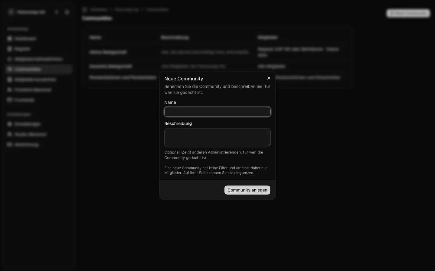 Der Dialog „Neue Community“ mit dem Namen und der optionalen Beschreibung