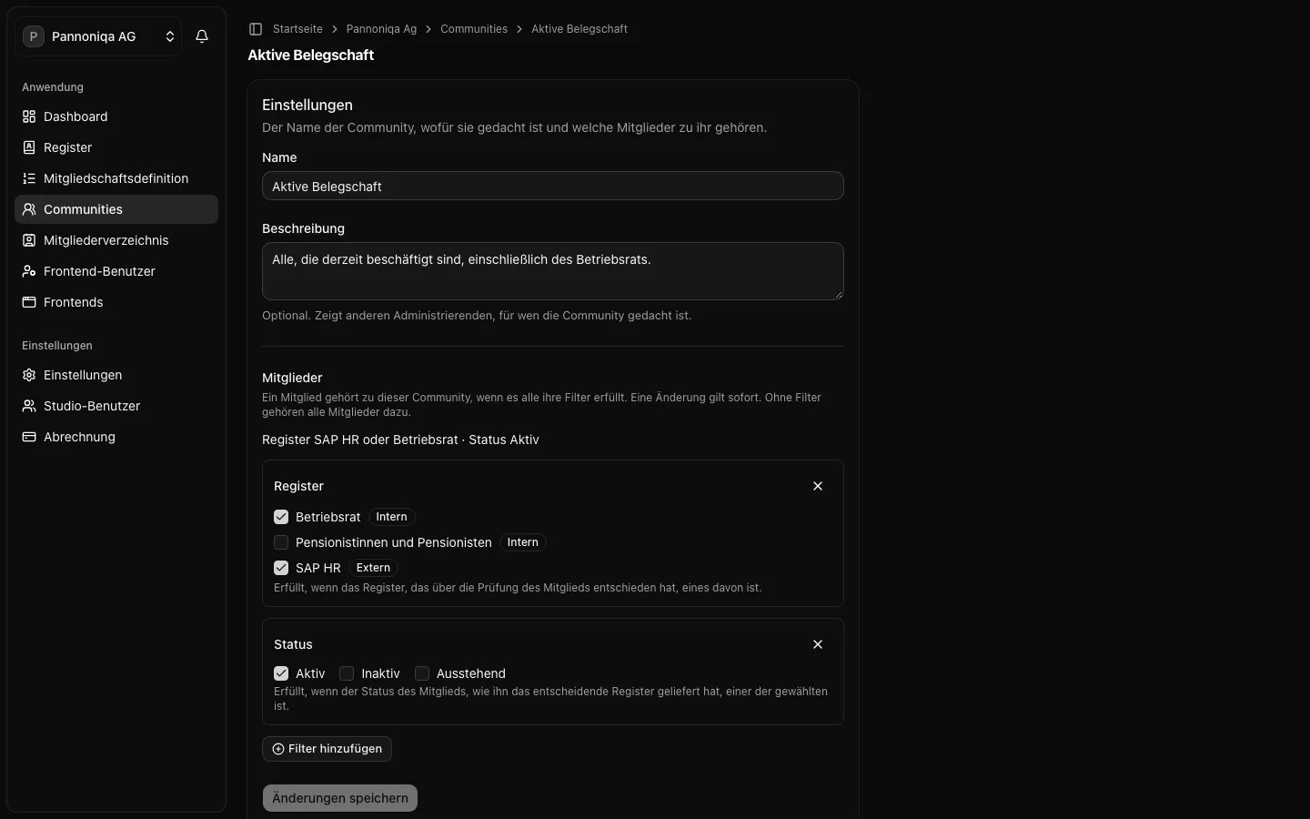 Die Community Aktive Belegschaft mit ihren Einstellungen und den Filtern Register, mit SAP HR und Betriebsrat gewählt, und Status, mit Aktiv gewählt