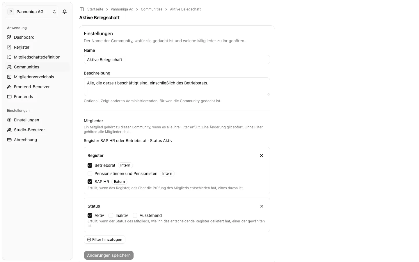 Die Community Aktive Belegschaft mit ihren Einstellungen und den Filtern Register, mit SAP HR und Betriebsrat gewählt, und Status, mit Aktiv gewählt