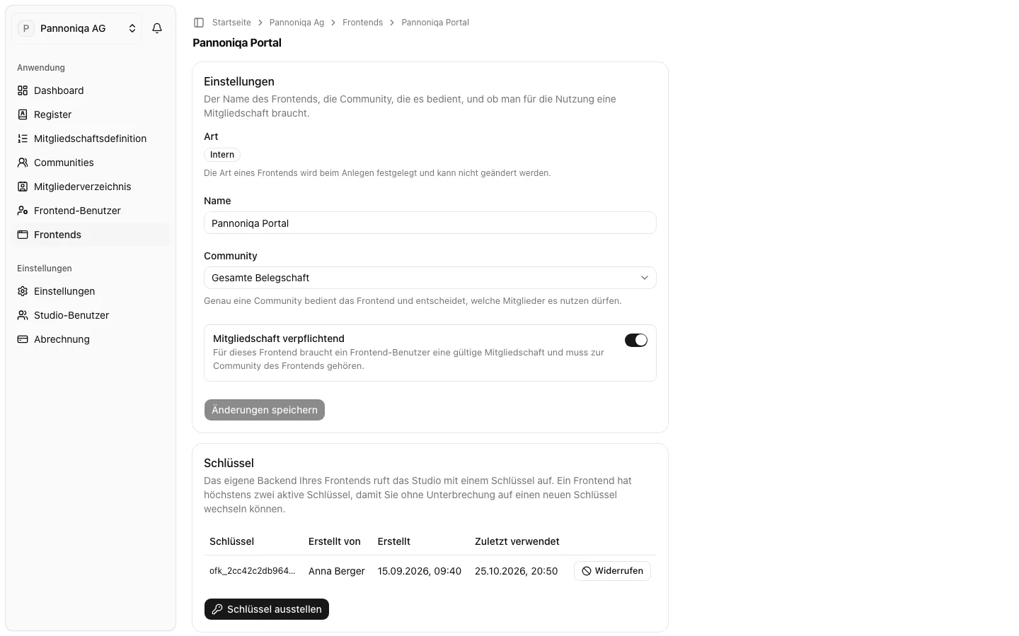 Die Seite des Pannoniqa Portals mit den Karten Einstellungen, Schlüssel, Anmeldung und Frontend trennen