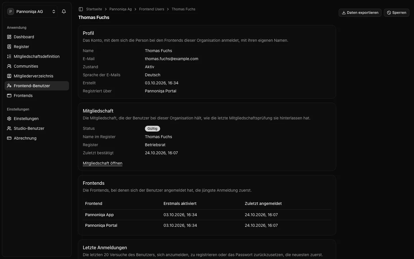 Die Seite des Frontend-Benutzers Thomas Fuchs mit seinem Profil, seiner Mitgliedschaft, seinen Frontends und seinen letzten Anmeldungen