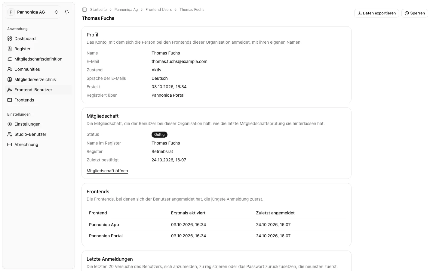 Die Seite des Frontend-Benutzers Thomas Fuchs mit seinem Profil, seiner Mitgliedschaft, seinen Frontends und seinen letzten Anmeldungen