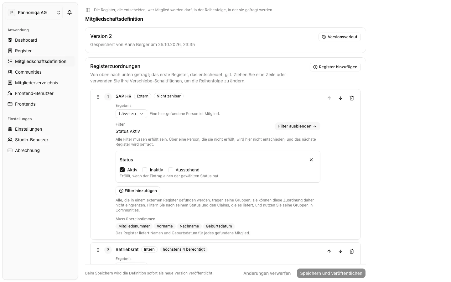 Die Registerzuordnung SAP HR mit geöffneten Filtern: die Bedingung Status mit Aktiv gewählt, die Schaltfläche „Filter hinzufügen“ und was übereinstimmen muss