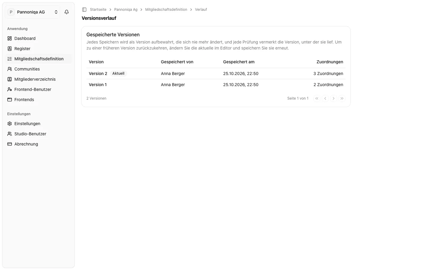 Der Versionsverlauf der Mitgliedschaftsdefinition der Pannoniqa AG mit den Versionen 1 und 2, wer sie wann gespeichert hat und der Zahl der Zuordnungen