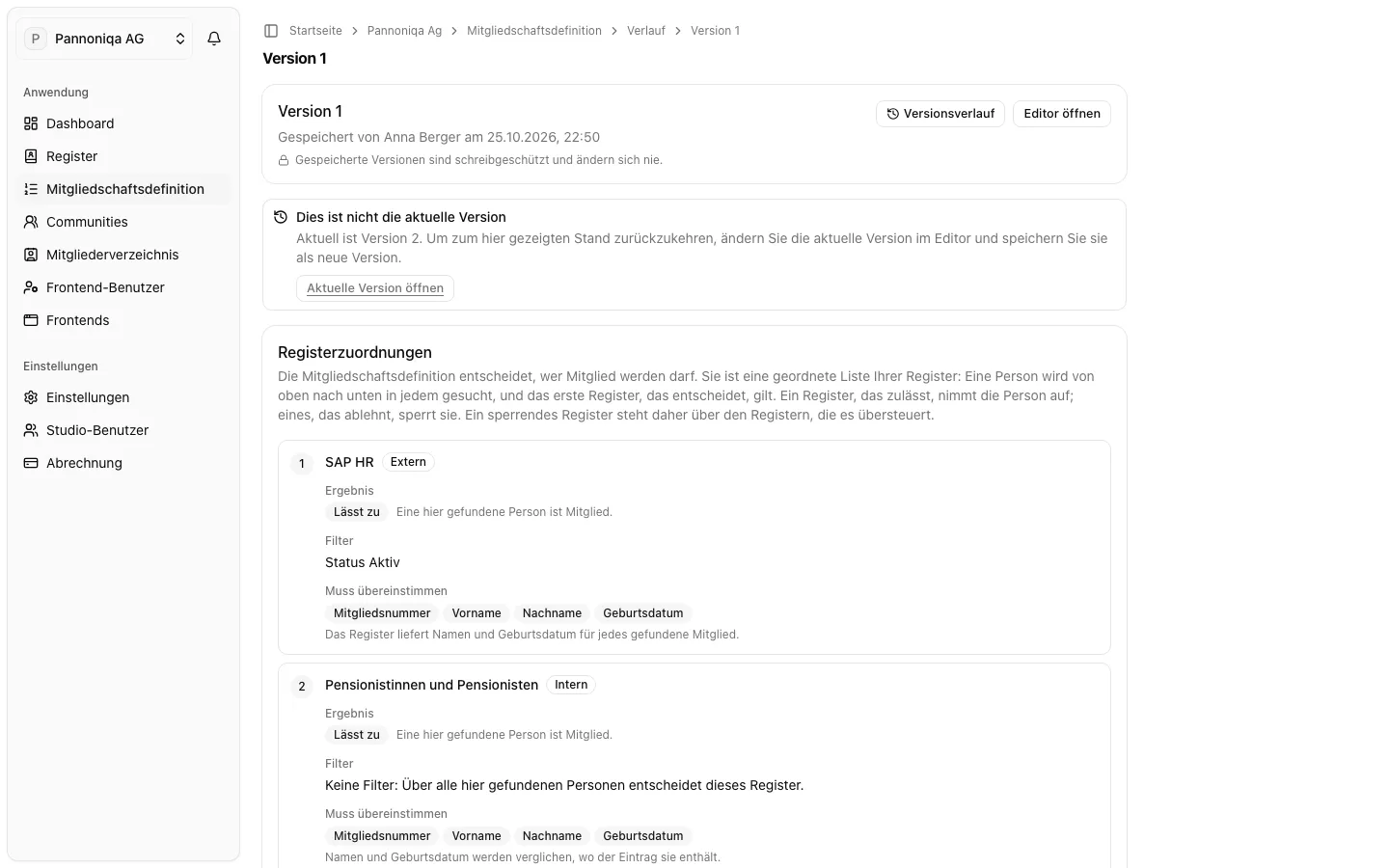 Version 1 der Mitgliedschaftsdefinition der Pannoniqa AG, schreibgeschützt, mit SAP HR und Pensionistinnen und Pensionisten