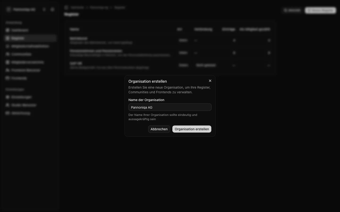 Der Dialog „Organisation erstellen“ mit dem Namen Pannoniqa AG