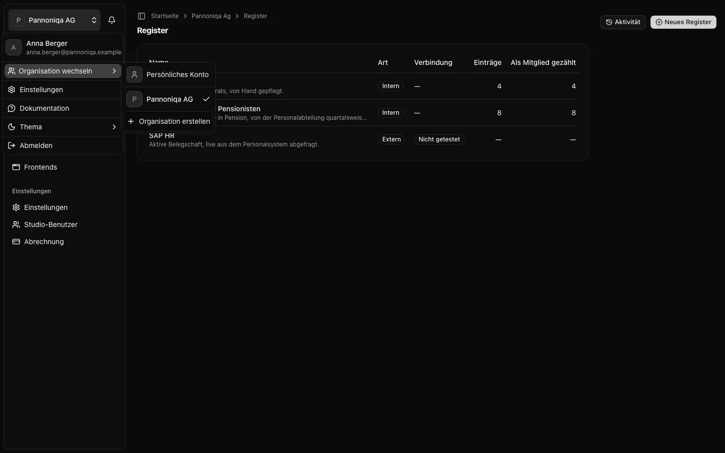 Das Menü oben in der Seitenleiste, geöffnet bei „Organisation wechseln“, mit Persönliches Konto, Pannoniqa AG und Organisation erstellen