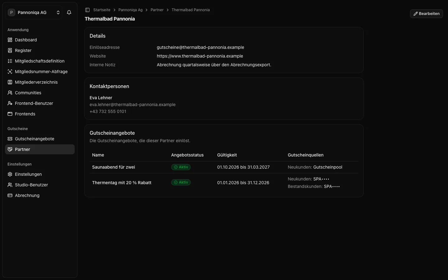 Die Seite von Thermalbad Pannonia mit Einlöseadresse, Website, interner Notiz, Kontaktperson und Gutscheinangebot