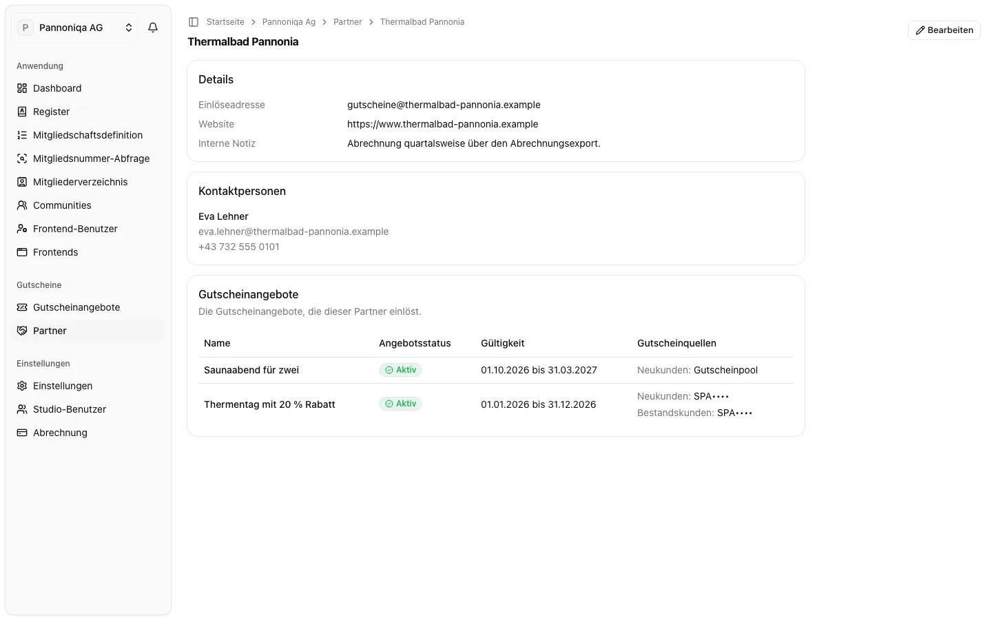 Die Seite von Thermalbad Pannonia mit Einlöseadresse, Website, interner Notiz, Kontaktperson und Gutscheinangebot