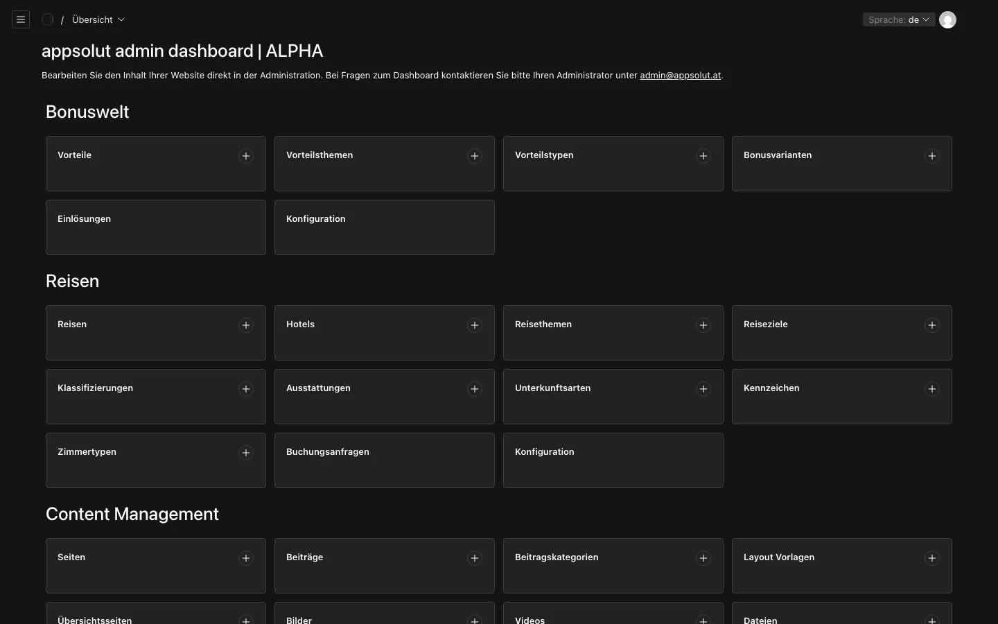 Das Dashboard der Portal-Verwaltung mit den Gruppen Bonuswelt, Reisen und Content Management