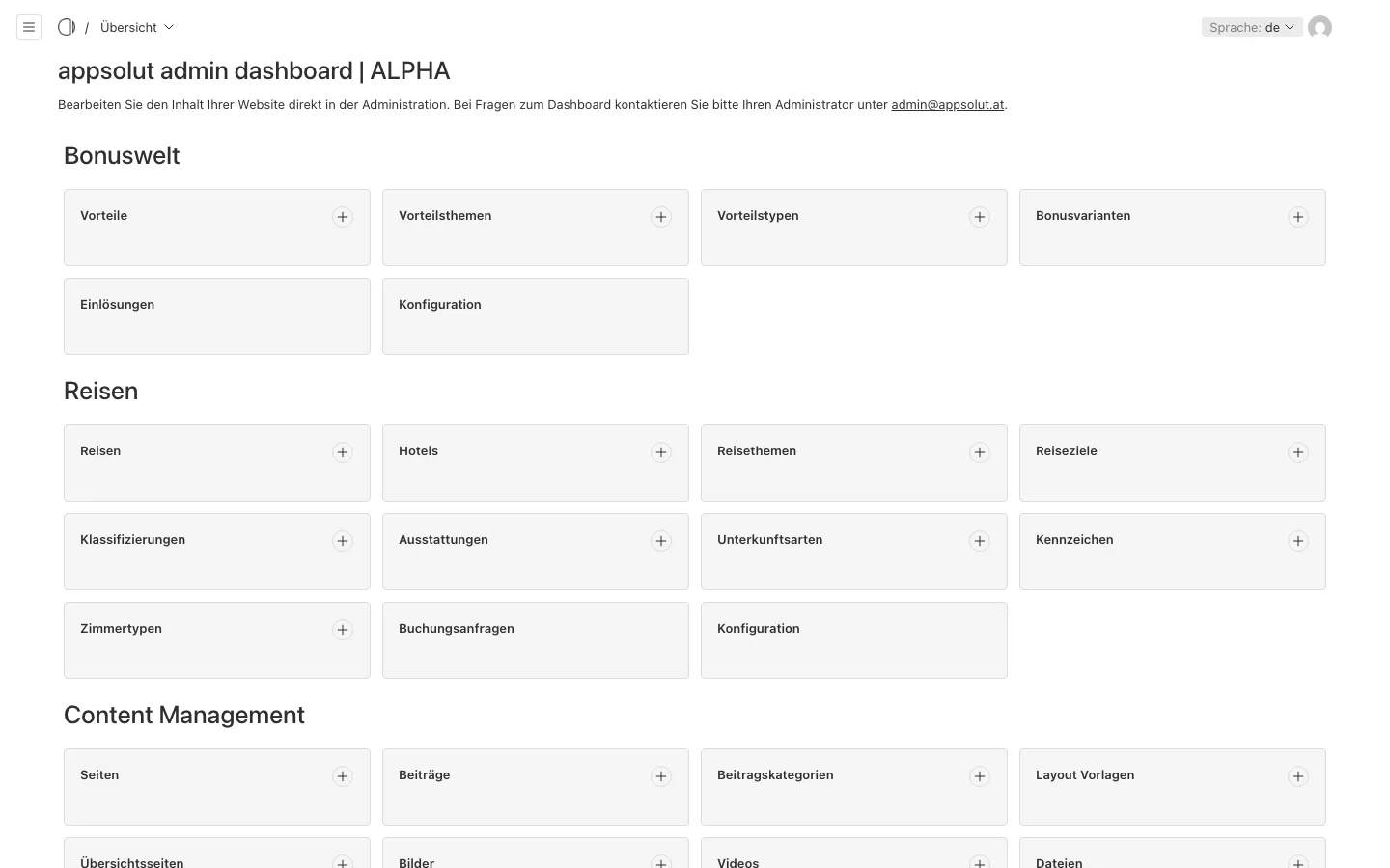 Das Dashboard der Portal-Verwaltung mit den Gruppen Bonuswelt, Reisen und Content Management