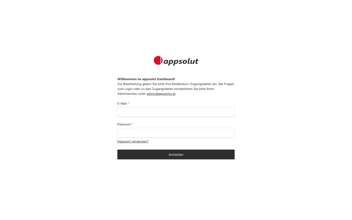 Die Anmeldeseite der Portal-Verwaltung mit E-Mail und Passwort
