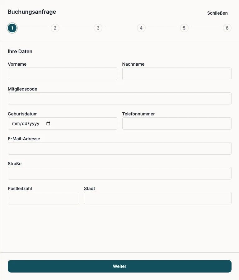 Der erste Schritt einer Buchungsanfrage, Ihre Daten, mit den Feldern für Name, Mitgliedscode, Geburtsdatum und Adresse