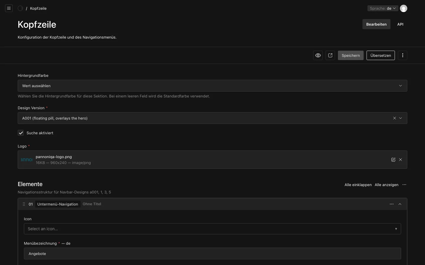 Die Kopfzeilen-Einstellungen des Pannoniqa Portals: Design Version, Suche, Logo und der erste Menüpunkt Angebote