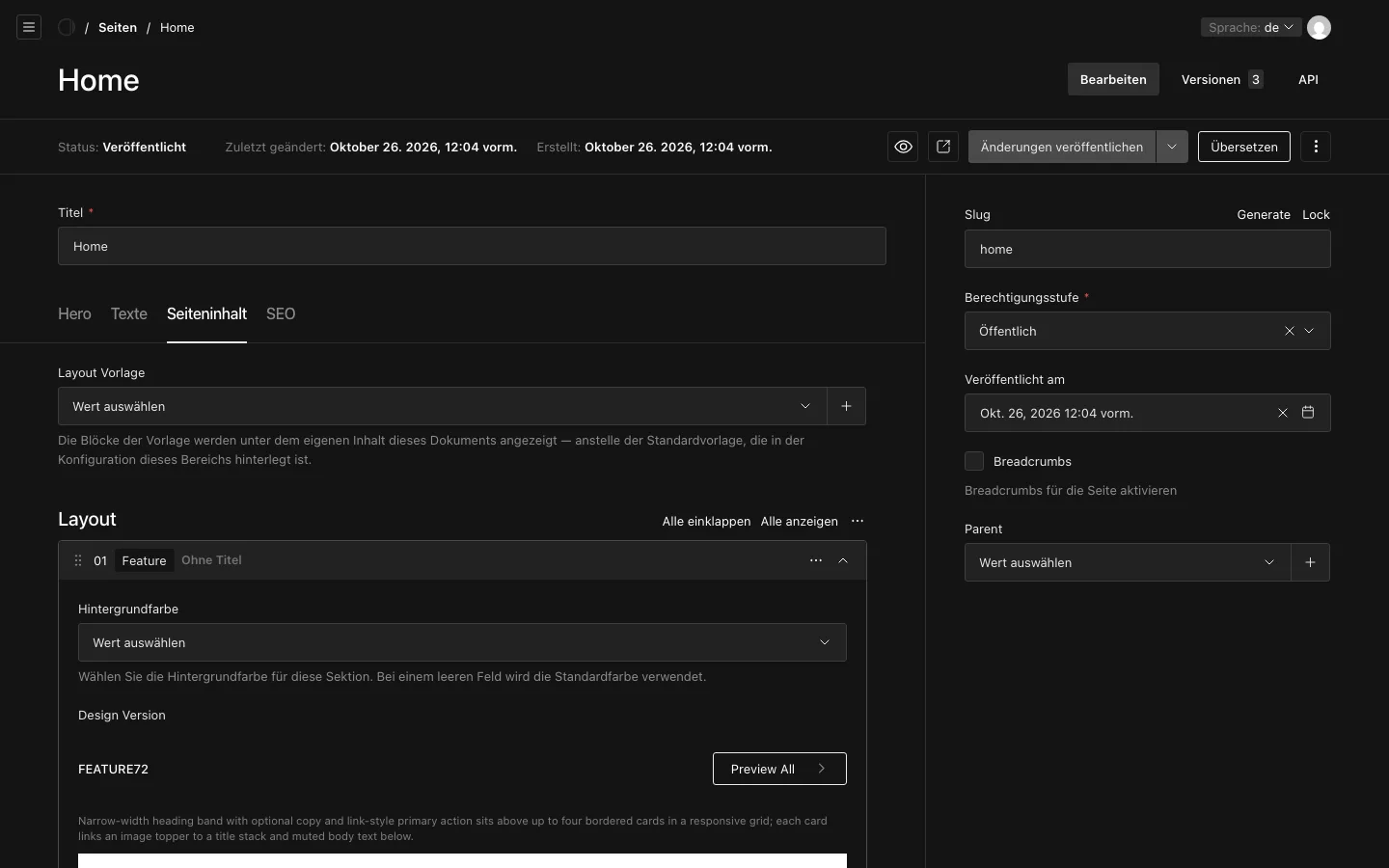 Der Reiter Seiteninhalt der Startseite mit dem Feld Layout Vorlage und einem Feature-Block im Layout