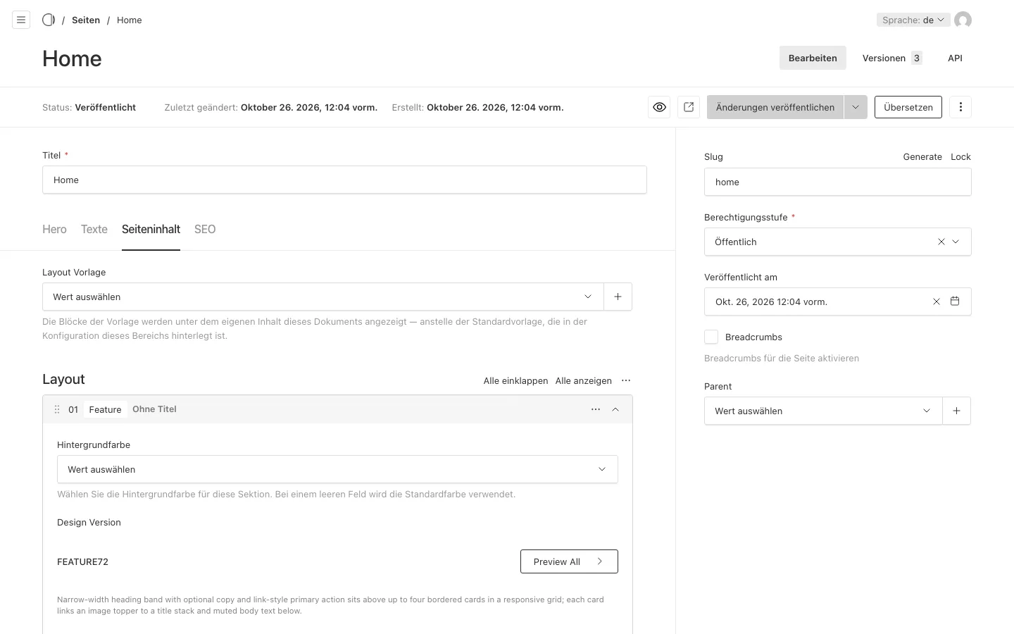 Der Reiter Seiteninhalt der Startseite mit dem Feld Layout Vorlage und einem Feature-Block im Layout
