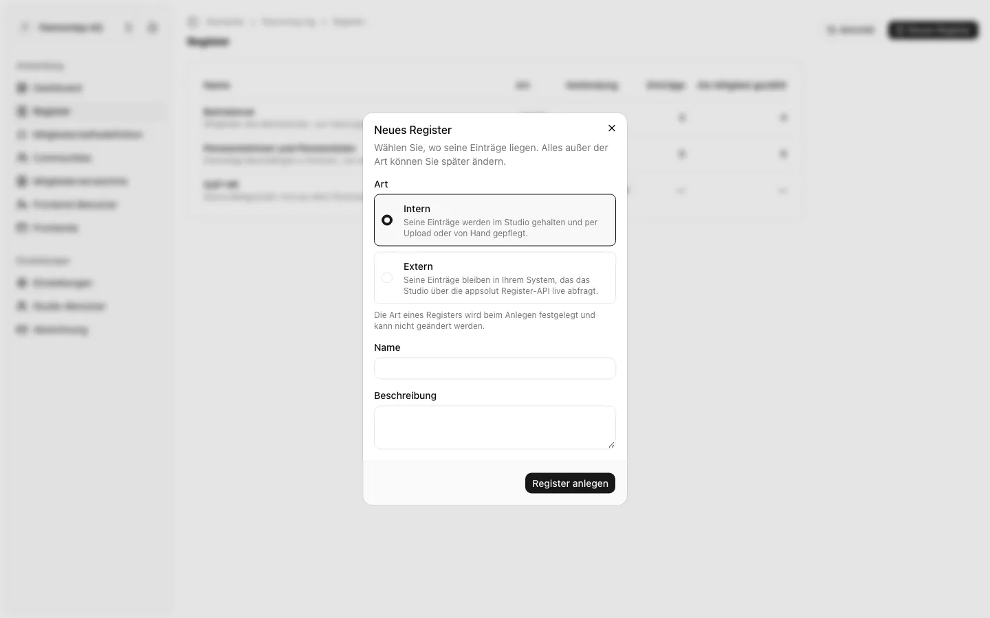 Der Dialog „Neues Register“ mit den Arten Intern und Extern, dem Namen und der Beschreibung