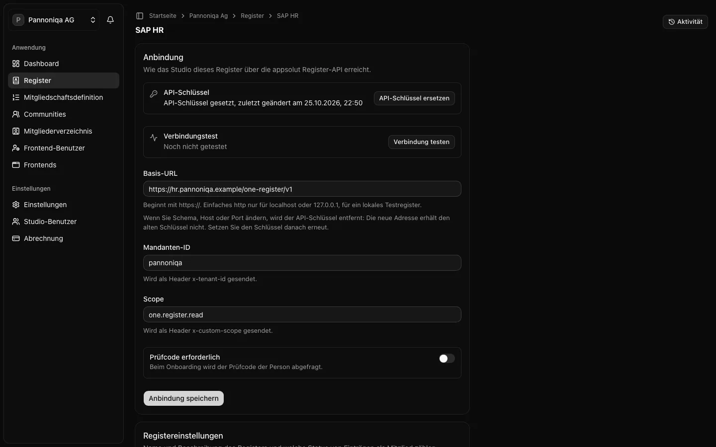 Das Register SAP HR mit seiner Anbindung: API-Schlüssel gesetzt, Verbindung noch nicht getestet, Basis-URL, Mandanten-ID, Scope und Prüfcode erforderlich