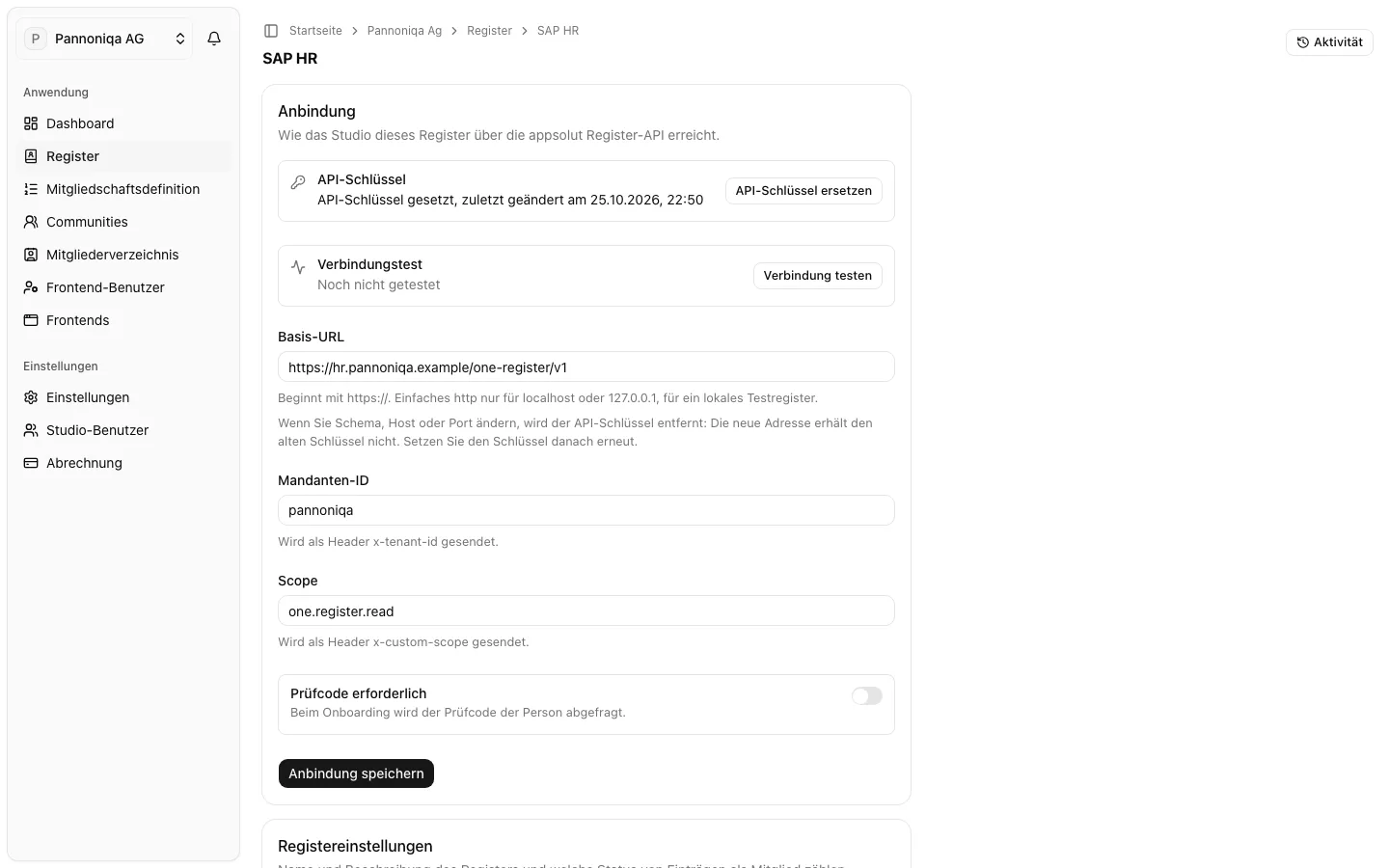 Das Register SAP HR mit seiner Anbindung: API-Schlüssel gesetzt, Verbindung noch nicht getestet, Basis-URL, Mandanten-ID, Scope und Prüfcode erforderlich