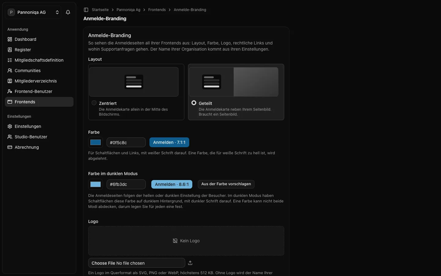 Die Seite „Anmelde-Branding“ der Pannoniqa AG mit Layout, Farben, Logo und Support-E-Mail