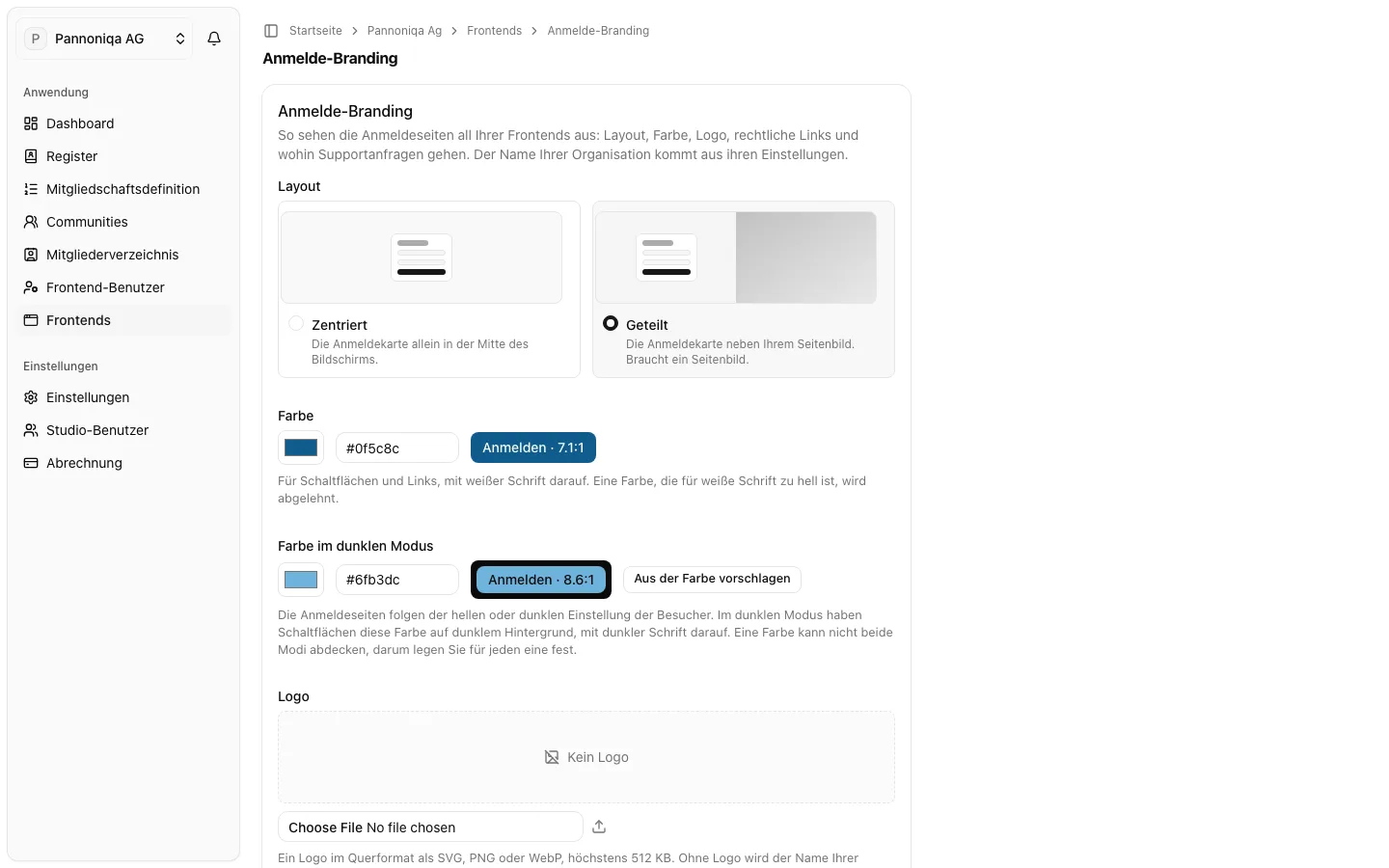 Die Seite „Anmelde-Branding“ der Pannoniqa AG mit Layout, Farben, Logo und Support-E-Mail