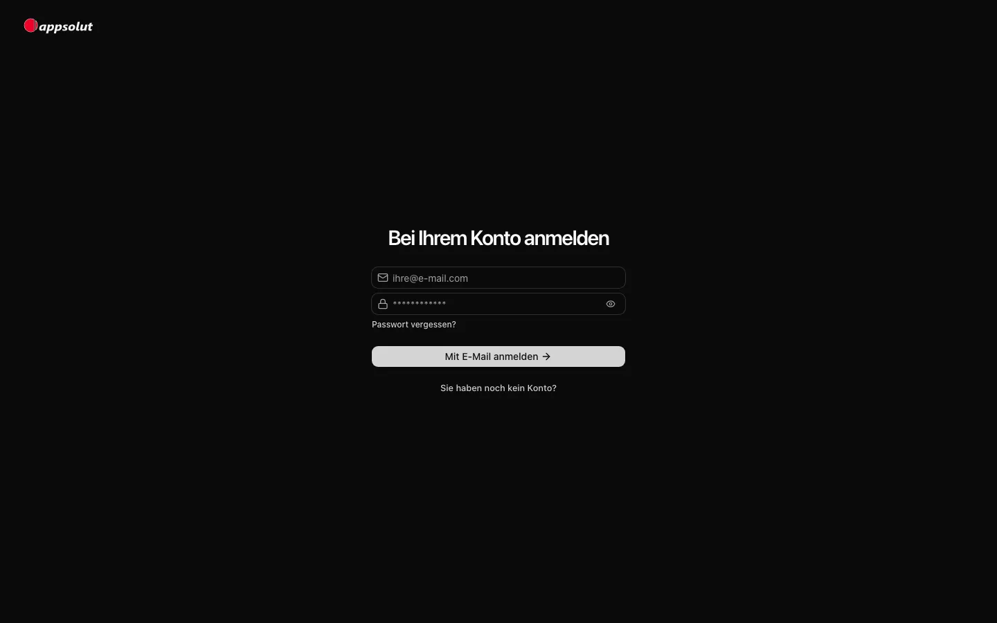 Die Anmeldeseite des Studios mit den Feldern für E-Mail-Adresse und Passwort