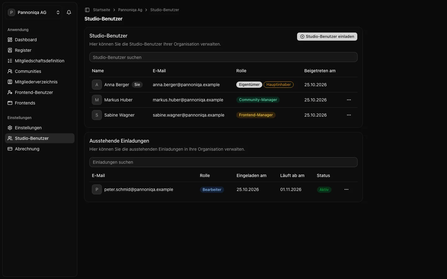 Die Seite „Studio-Benutzer“ der Pannoniqa AG mit Anna Berger als Eigentümerin, Markus Huber als Community-Manager und Sabine Wagner als Frontend-Managerin