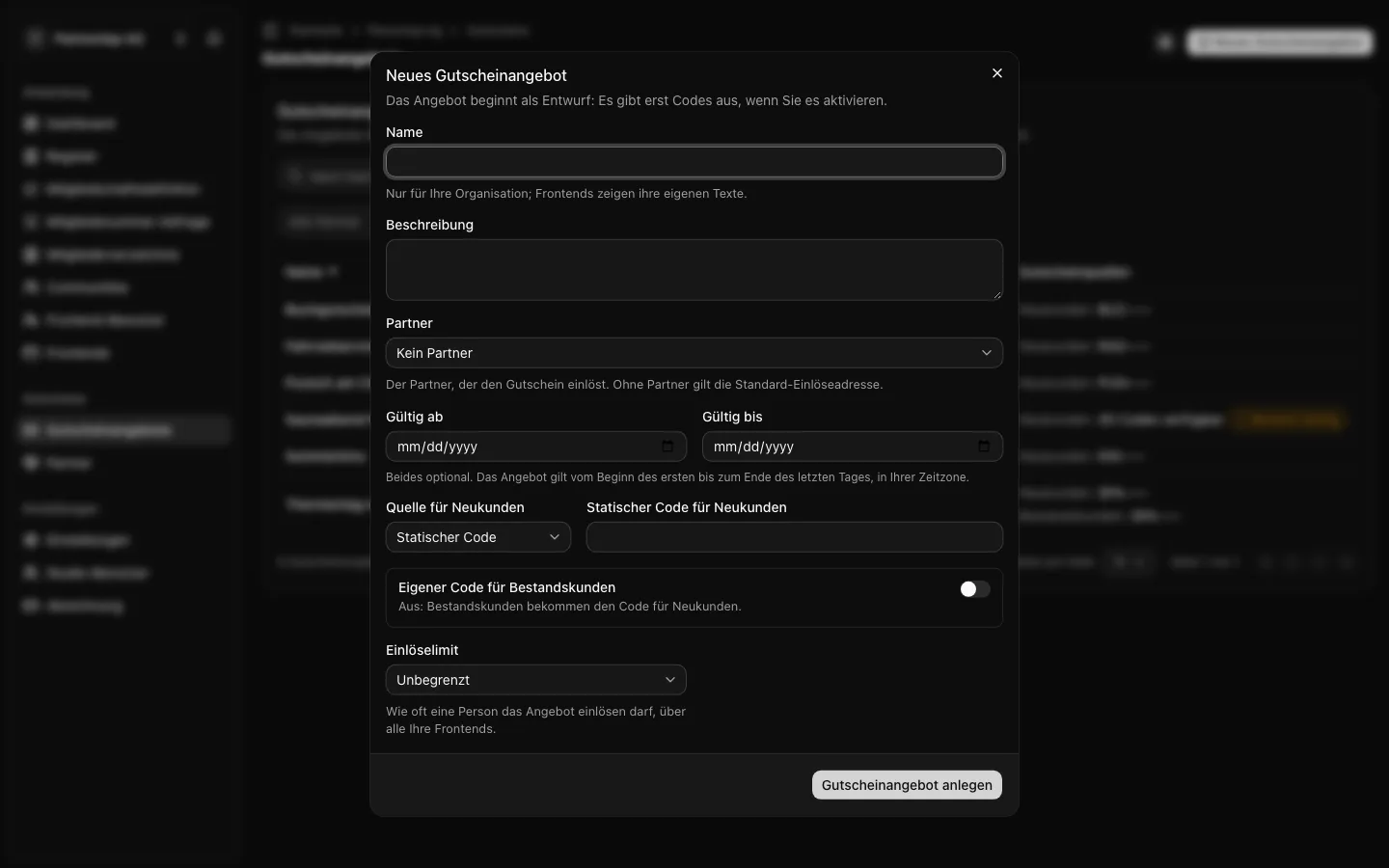 Der Dialog Neues Gutscheinangebot mit Name, Beschreibung, Partner, Gültigkeit, dem statischen Code für Neukunden und dem Einlöselimit