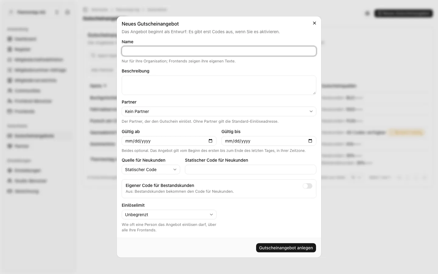 Der Dialog Neues Gutscheinangebot mit Name, Beschreibung, Partner, Gültigkeit, dem statischen Code für Neukunden und dem Einlöselimit