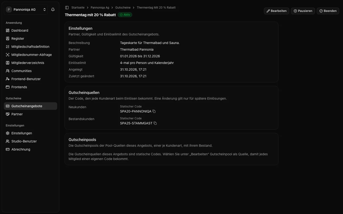 Die Seite des Gutscheinangebots Thermentag mit 20 % Rabatt mit Einstellungen, Partner, Gültigkeit, Einlöselimit und den statischen Codes für Neu- und Bestandskunden
