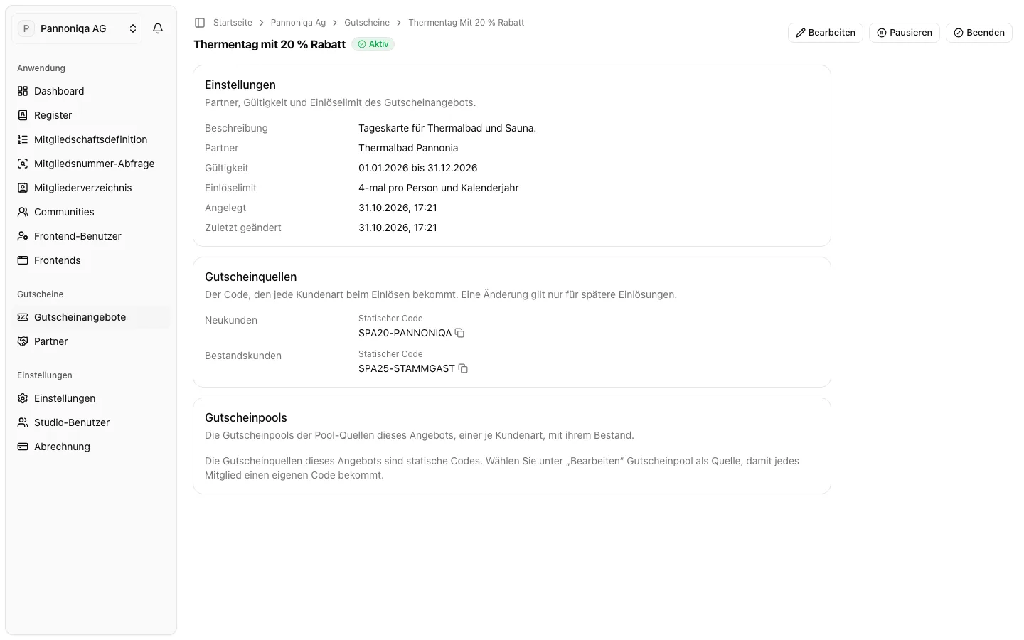 Die Seite des Gutscheinangebots Thermentag mit 20 % Rabatt mit Einstellungen, Partner, Gültigkeit, Einlöselimit und den statischen Codes für Neu- und Bestandskunden