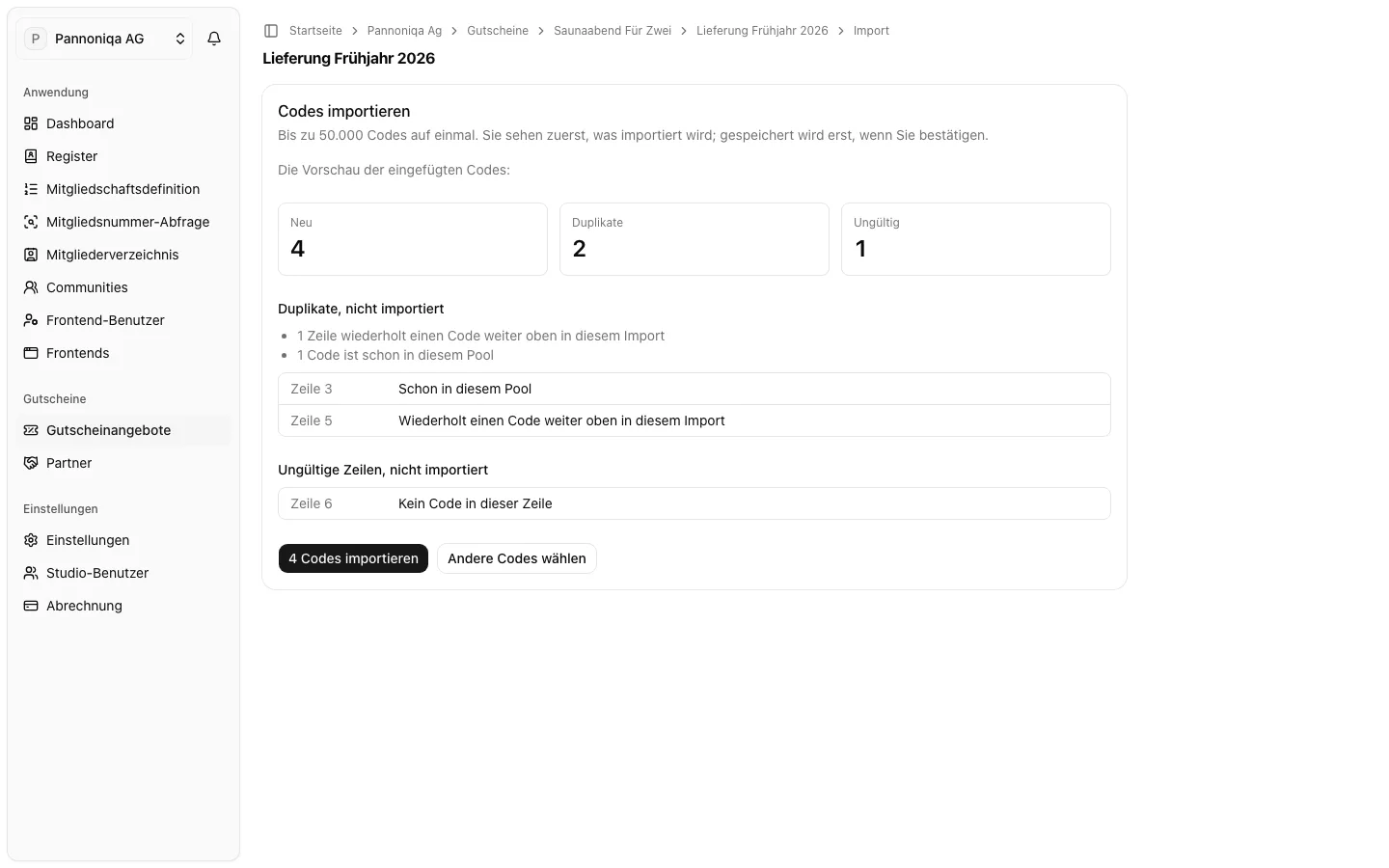Die Vorschau eines Imports in den Pool Lieferung Frühjahr 2026: 4 neue Codes, 2 Duplikate und 1 ungültige Zeile, jeweils mit der Zeilennummer