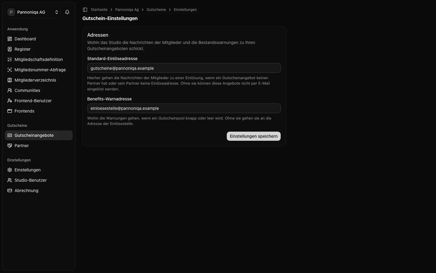 Die Seite Gutschein-Einstellungen der Pannoniqa AG mit der Standard-Einlöseadresse und der Benefits-Warnadresse