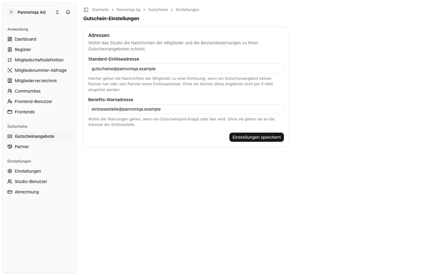 Die Seite Gutschein-Einstellungen der Pannoniqa AG mit der Standard-Einlöseadresse und der Benefits-Warnadresse