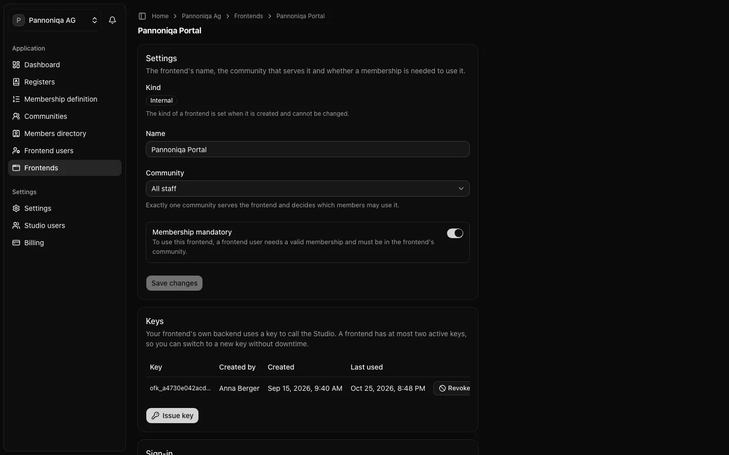 The page of the Pannoniqa Portal with the Settings, Keys, Sign-in and Disconnect frontend cards