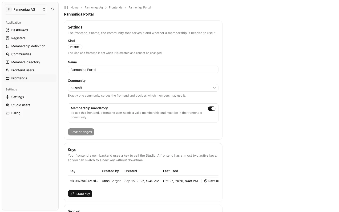 The page of the Pannoniqa Portal with the Settings, Keys, Sign-in and Disconnect frontend cards