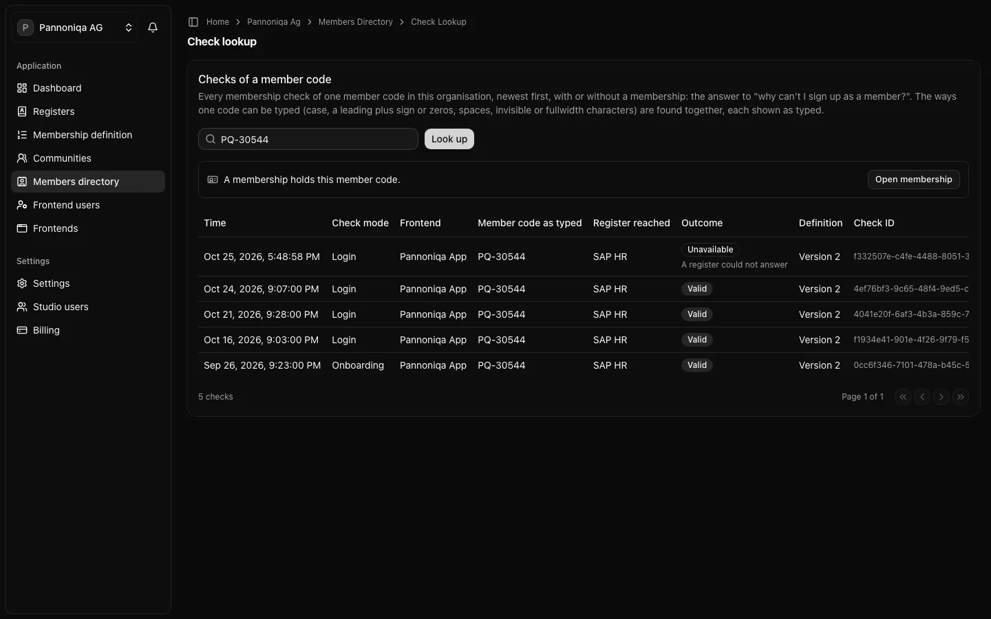The check lookup for member code PQ-30544: a membership holds it, and five checks are listed, the latest unavailable because SAP HR could not answer