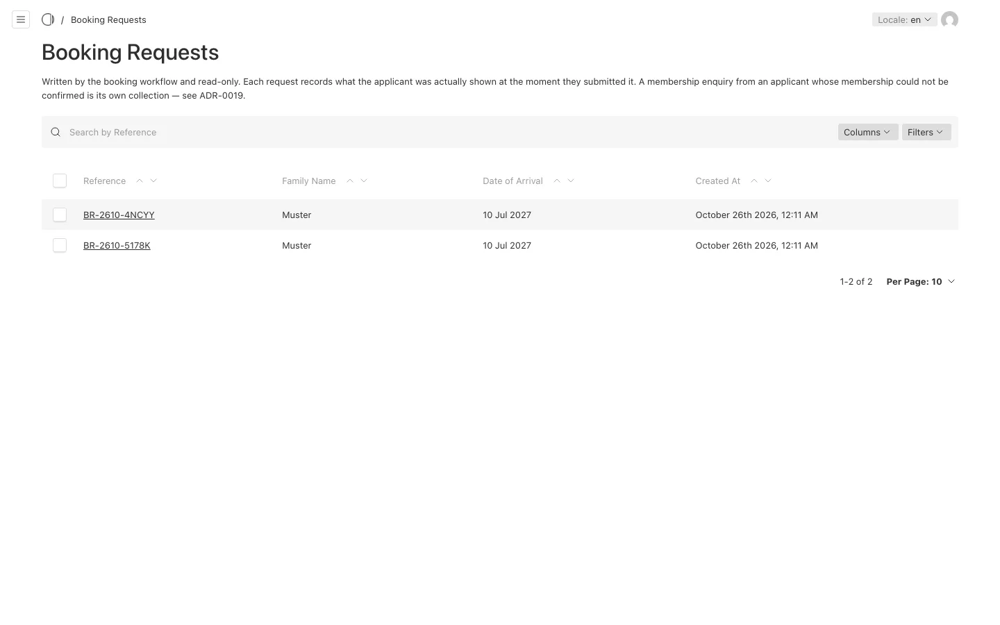 The list of Booking Requests, with their references, family names and arrival dates