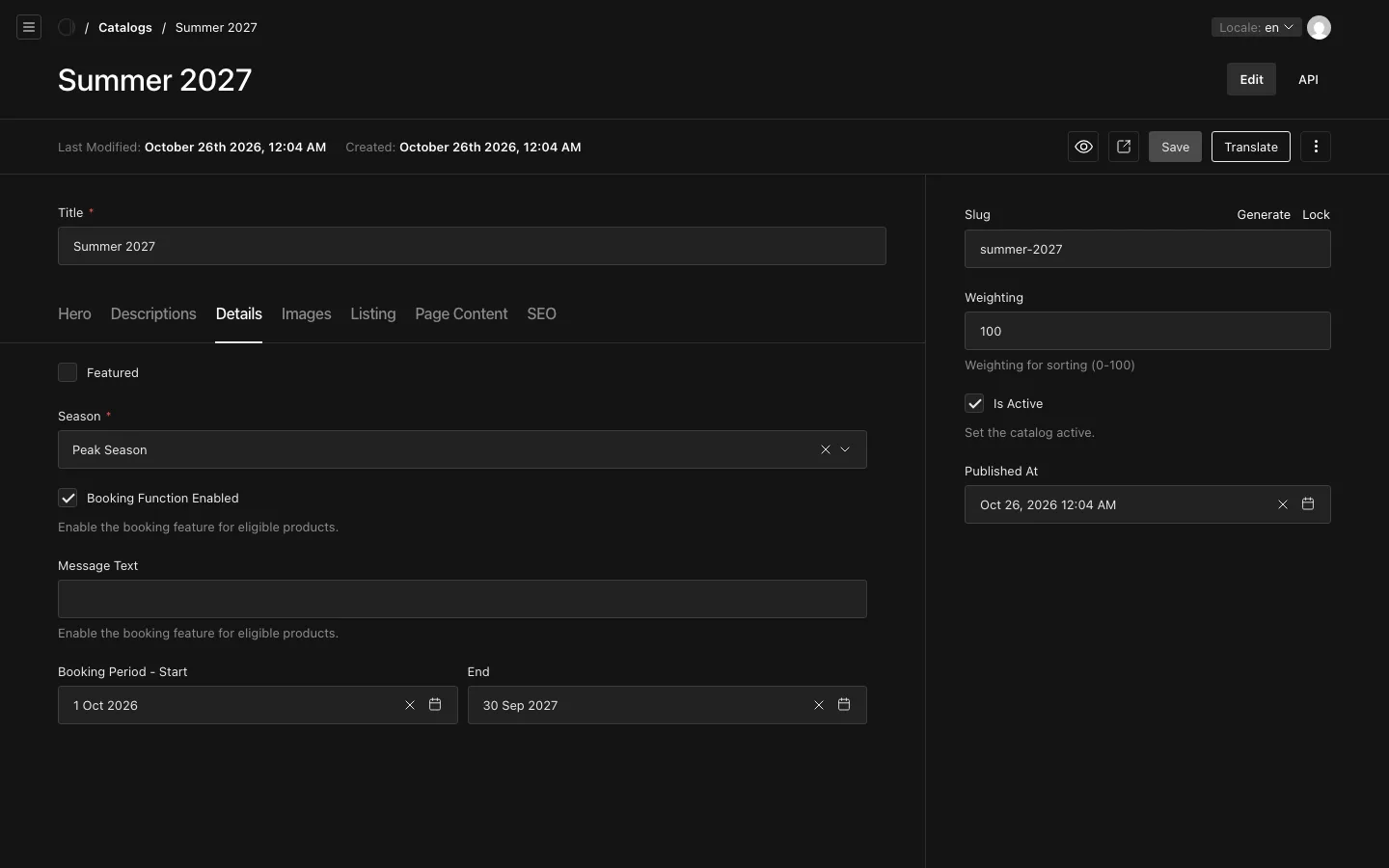 The Details tab of the Catalog Summer 2027, with season, booking function, message text and booking period