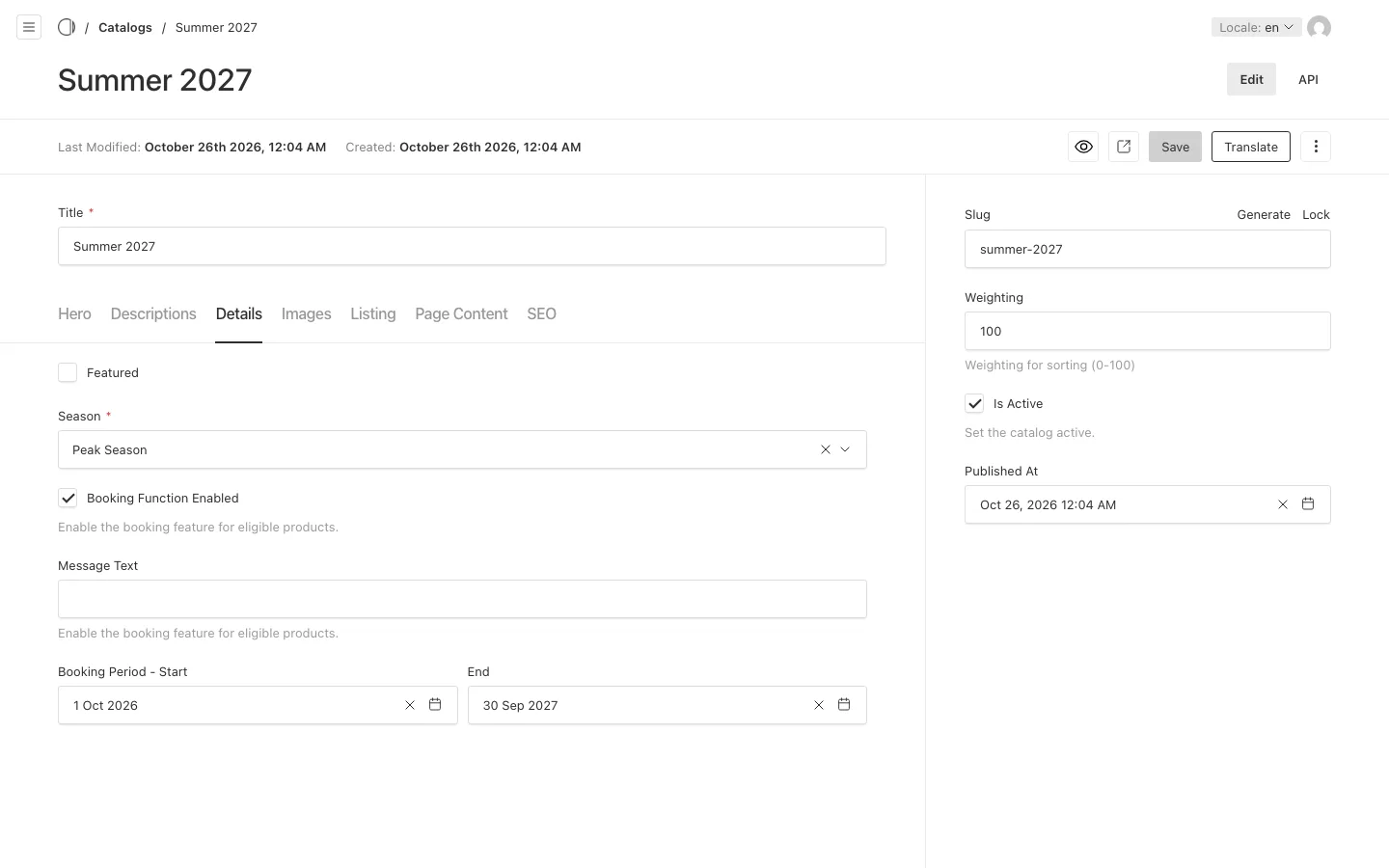 The Details tab of the Catalog Summer 2027, with season, booking function, message text and booking period