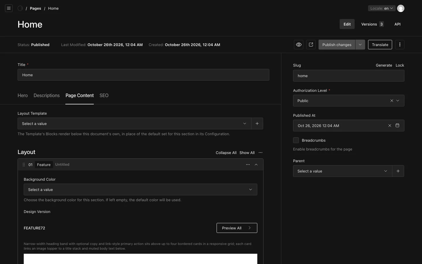 The Page Content tab of the home page, with the Layout Template field and a Feature block in the Layout