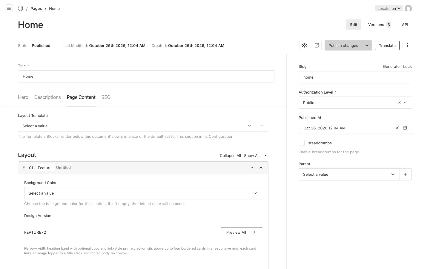 The Page Content tab of the home page, with the Layout Template field and a Feature block in the Layout