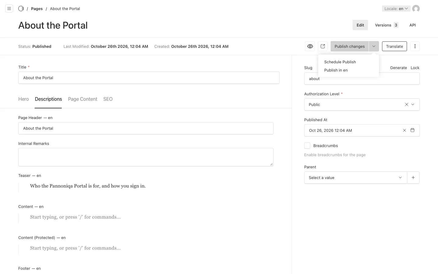The page About the Portal with the menu beside Publish changes open, offering Schedule Publish and Publish in en