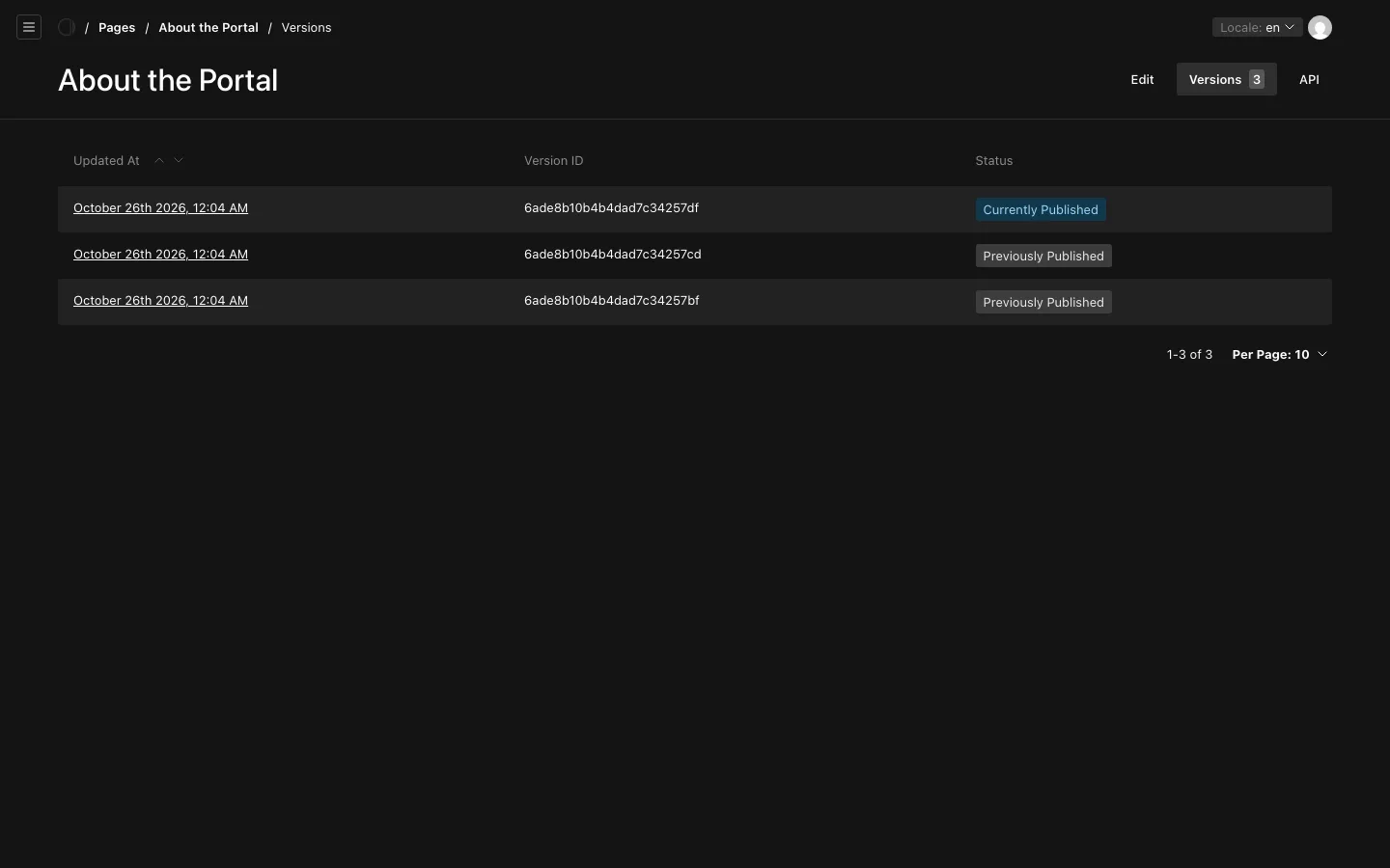 The versions of the page About the Portal: one Currently Published and two Previously Published