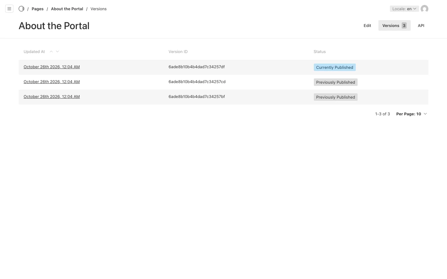 The versions of the page About the Portal: one Currently Published and two Previously Published