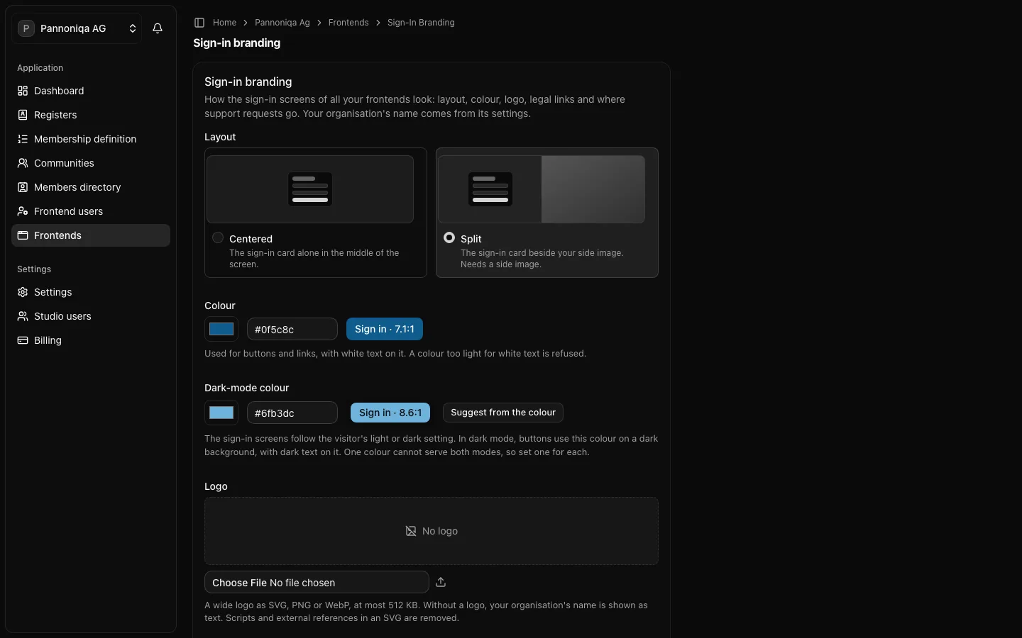 The Sign-in branding page of Pannoniqa AG with the layout, colours, logo and support email