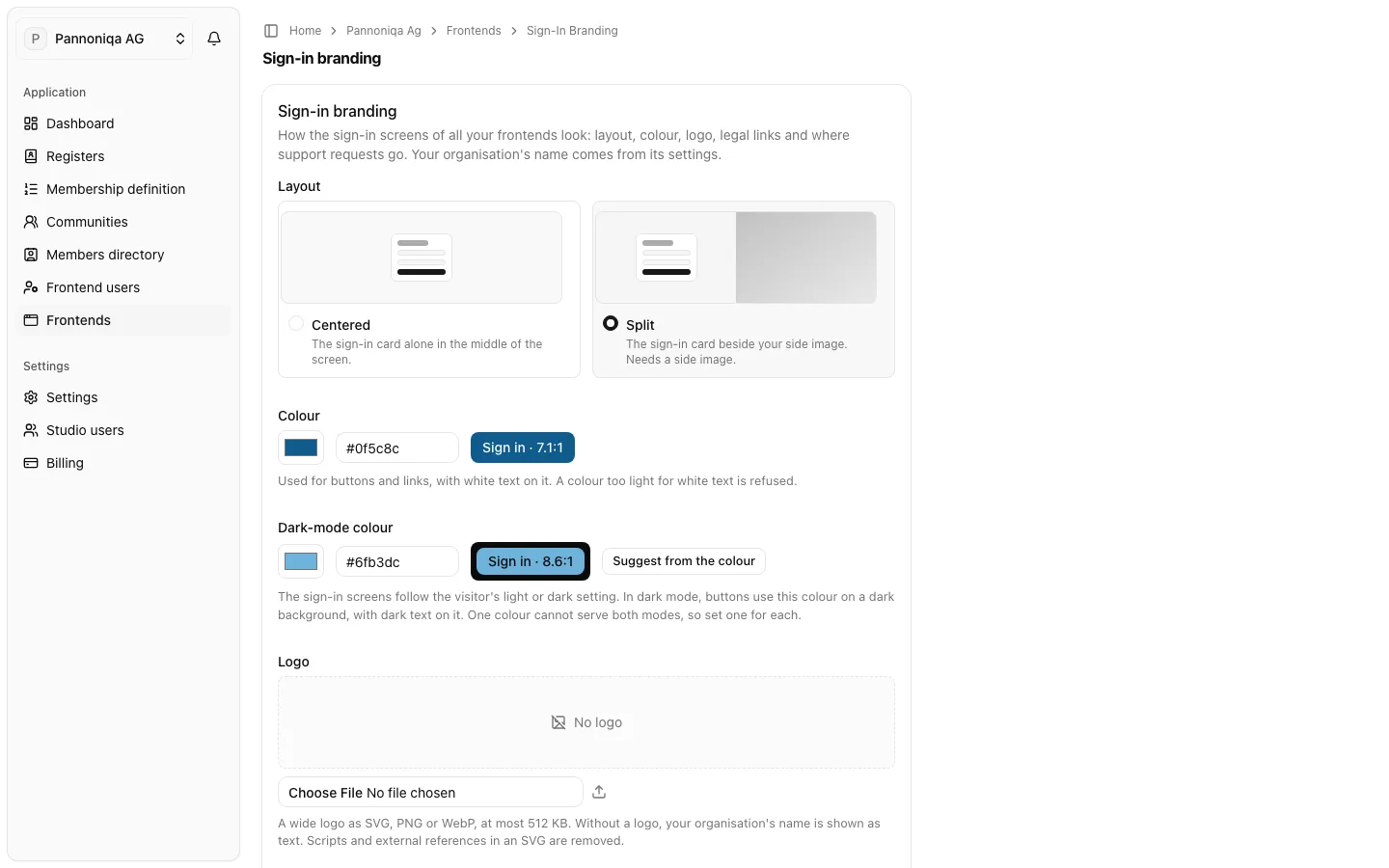 The Sign-in branding page of Pannoniqa AG with the layout, colours, logo and support email