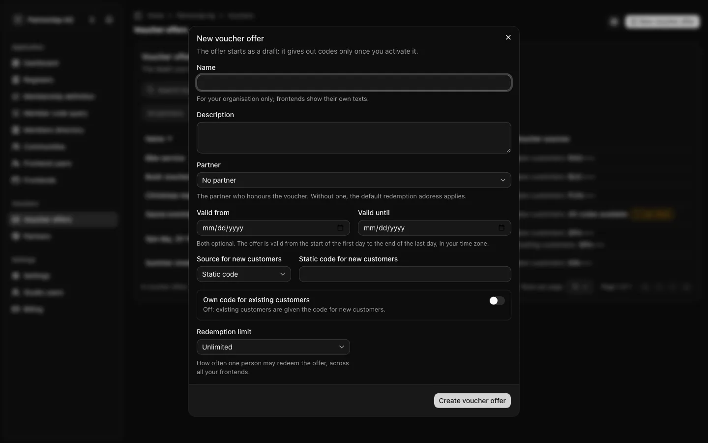 The dialog New voucher offer with name, description, partner, validity, the static code for new customers and the redemption limit