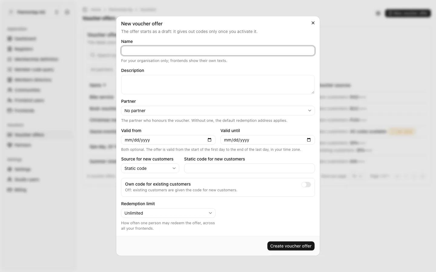 The dialog New voucher offer with name, description, partner, validity, the static code for new customers and the redemption limit